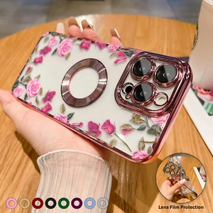 Women Flower Slim Plating Case For iPhone 14 Pro Max 13 12 15 Lens Protect Cover - Picture 1 of 24