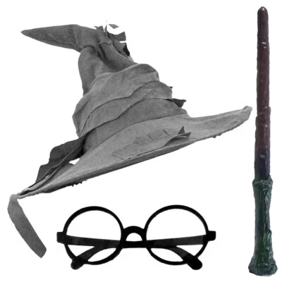 ILOVEFANCYDRESS GREY WIZARD HAT, GLASSES & WAND COSTUME SET SCHOOL WITCH HALLOWEEN FANCY DRESS