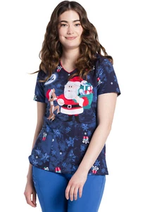 Cherokee Women's Scrub Licensed V-Neck Print Top TF614 RUFG All The Gifts - Picture 1 of 2