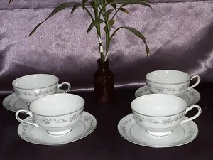 Set of 4 ROYAL M by SAJI Japan 713 Blue Roses and Gray Leaves Cups and Sauers - Picture 1 of 8