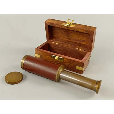 Fernrohr Messing mit Kunstleder-Besatz in edler Holzbox brüniert 98/166mm Antik - Bild 1 von 4