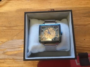 Adee Kaye Gents Watch Squared 24 Jewel Skeleton Automatic Stainless Steel/Blue M - Picture 1 of 16