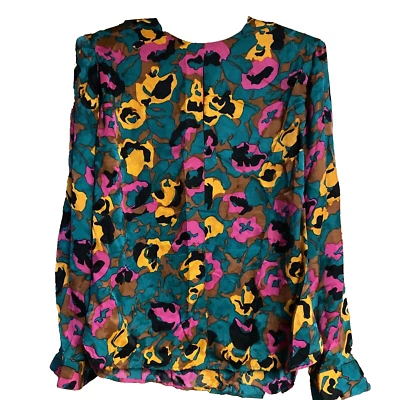 Blusa de seda Flora Kung New York vintage talla 10 con hombreras Foto 1 de 4