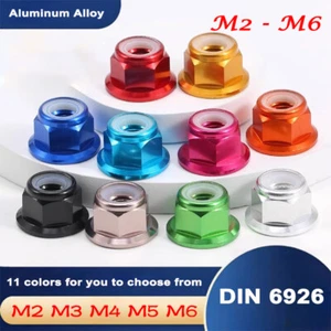RC Flanged Nyloc Anodised Aluminium Wheel Nuts M2 M3 M4 M5 M6 Various Colours - Picture 1 of 14