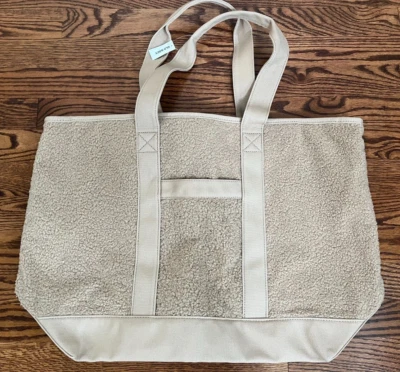 New! Old Navy Brown Sherpa Cozy Tote Canvas Bag Travel Zipper, Pockets - Image 1 of 4