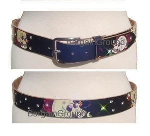 New Rhinestone Tattoo Print Leather Stud Snap On Buckle Belt S #3683 - Imagen 1 de 1