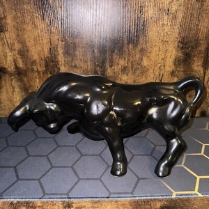 Porcelain Ceramic Bull Figurine Statue Shiny Gloss Black Copper Colored Accents - Picture 1 of 5