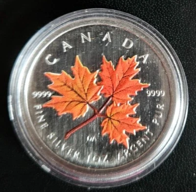2001 $5 One Ounce Fine Silver Canada Maple Leaf Colored Coin, Case NO COA - Image 1 of 3