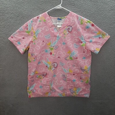 Disney Scrub Top Womens Small Pink Smock Tinker Bell Nurse Veterinarian Dental - Image 1 of 4