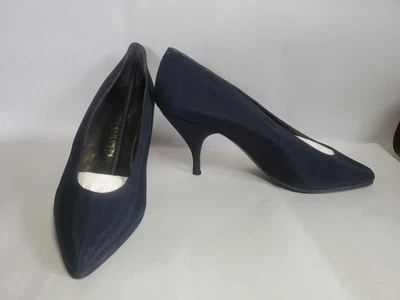 Zapatos de tacón alto vintage Paco Gill talla 7,5 B azul marino seda cruda tela  Foto 1 de 4