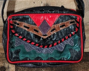 Vintage Ton Leder Handtasche Schultertasche Patchwork 90er Crossbody Western Abstrakt - Bild 1 von 17