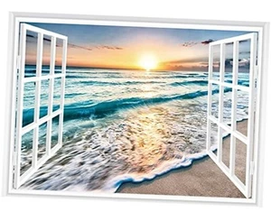 Fake Window Wall Sticker - Sunset Beach Faux Window Wall Mural 80"x60" Gxl455 - Picture 1 of 7