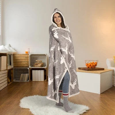 Hooded throw wearable blanket grey and white moose - Image 1 of 4