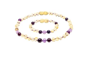 Collar y pulsera de ámbar báltico hechos con amatista y ágata limón pulido - Imagen 1 de 6
