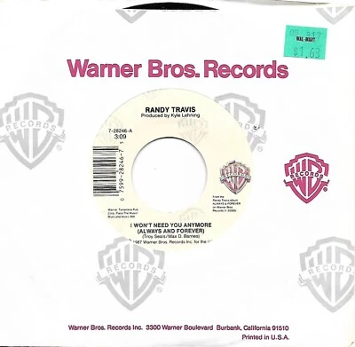 Randy Travis, I Won't Need You Anymore/Tonight I'm Walkin' Out 45 EX 1987 WB - Image 1 of 2