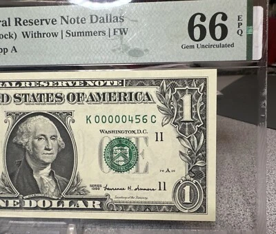 🤯 $1 1999  FRN -Note Fancy Serial Number K 00000456 C -EPQ 66  3 digit ladder - Image 1 of 4