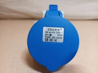 32A, 6h / 220V-250V, Panel Mount CEE Socket, 2P+E, Blue, IP44 - Type ZD-323X - Image 1 of 4