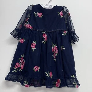 Vestido Laura Ashley London Niños 24M Azul Marino Floral Transparente Manga Larga Forrado Volantes - Imagen 1 de 12