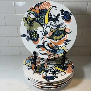 6-Anthropologie Floral 10 5/8"Dinner Plates Rare Paisley Blue Orange Yellow - Picture 1 of 18