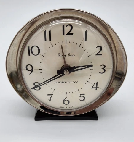 Vintage Westclox Baby Ben Alarm Clock Chrome Trim Black Metal White Face USA Cover