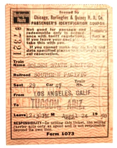 Cupón de identificación de pasajeros Burlington Route Chicago & Quincy RR Co 1950 - Imagen 1 de 2