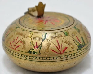 Antique Brass Round Ash Tray Original Old Hand Crafted Engraved Inlay Painted - Picture 1 of 9