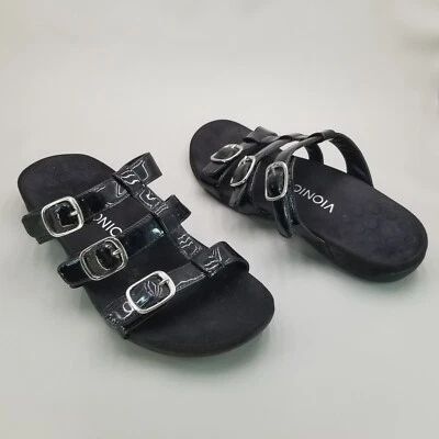 Vionic Sandals Women 9 Misa Slide Black Patent Leather Adjustable Straps TVW5135 - Image 1 of 4