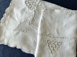 Antique Linen Tablecloth Hand Embroidery GRAPES Cutwork Drawn Thread 126cm / 50" - Picture 1 of 22