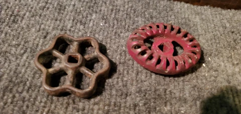Antique Lot of 2 Steel Water Faucet Shut Off Valve Knobs Handles Square Center Cover