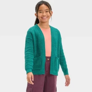 Girls' Long Open Cardigan - Cat & Jack™ Dark Green - Picture 1 of 2