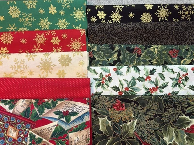 Lote de tela navideña restos 10 octavos gruesos 9" x 21" edredón algodón metálico Foto 1 de 3