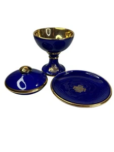 Keramik Patent Platte mit Kelch & Deckel blau Goldrand Kreuz Fische Brote - Bild 1 von 16