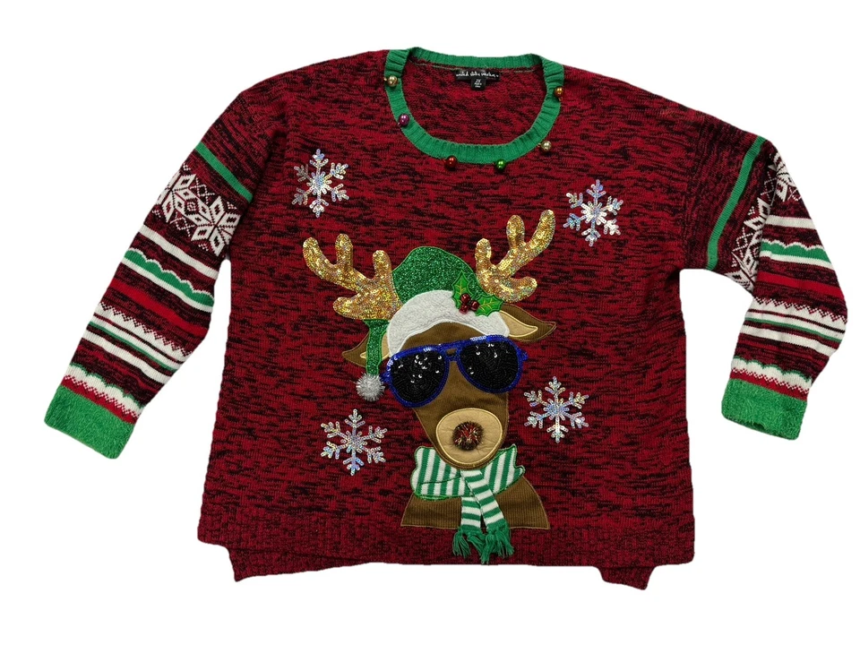United States Sweaters holiday Womens 2x Sequin Pom Nose Reindeer Red  Jingle - Image 1 of 4
