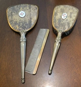 JUEGO DE TOCADOR VINTAGE DORADO ESPEJO-CEPILLO-PEINE ENCAJE TAPIZ ROSA. CBK - Imagen 1 de 13