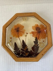 Vintage Design Geschenke International Lucite Tablett 6" gepresste Blumen Boho 70er USA - Bild 1 von 12