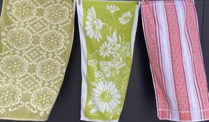 3 x Vintage Towel Yellow Green White Flowers Hand Towel 70s 80s - Picture 1 of 3
