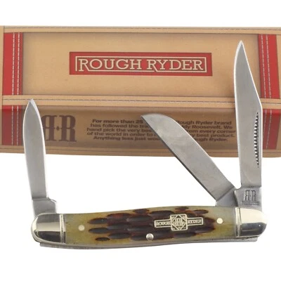 Navaja de Bolsillo Rough Rider Pequeña Ámbar Hueso Plantillado Stockman RR194 Foto 1 de 4
