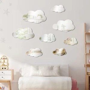 8 Pcs 3D Acrylic Cloud Shape Mirror Wall Art Decor Removable Self Clear - Picture 1 of 7
