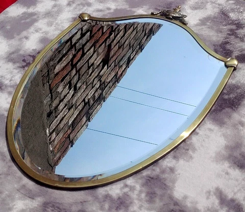 Italian 20th Century Brass Shield Bevelled Wall Mirror Gio Ponti Style 67cm Cover