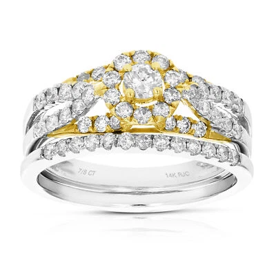 7/8 ct Diamond Wedding Ring Bridal Set for Women 14K White and Yellow Gold Round - Image 1 of 4