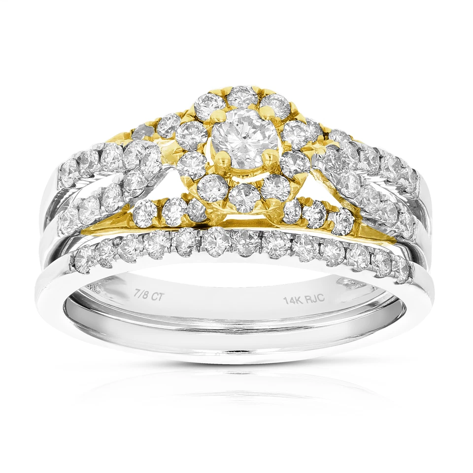 7/8 ct Diamond Wedding Ring Bridal Set for Women 14K White and Yellow Gold Round - Image 1 of 4