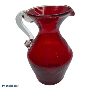 Red Crackle Glass Pitcher With Pontil Scar Hand Made With Clear Added Handle - Picture 1 of 10