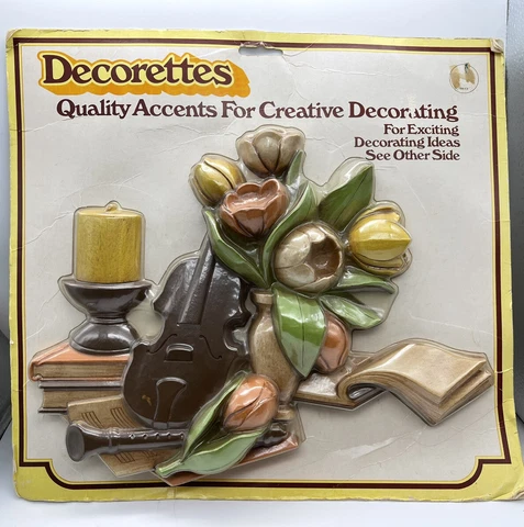 Wall Art Dart Industries Homeco Decorettes Hand Carved Floral Violin Books Vtg Cover