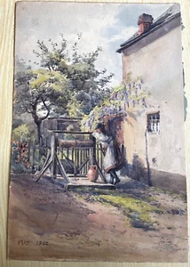 Original Victorian watercolour painting Girl at the Well Collecting Water 1900 - Picture 1 of 16
