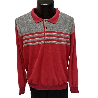 Camisa Polo DISCO Vintage Años 70 Valiant Hombres Rojo Gris Brezo VELOUR Rayas TERCIOPELO Foto 1 de 4