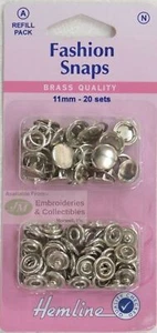 Hemline Fashion Snaps Brass Quality 11mm 20 Sets Refill Pack, SILVER LOOK - Imagen 1 de 2