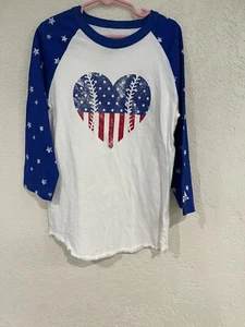 PATRIOTIC Adidas Kids sz M red, white & blue flag baseball heart shirt long slv - Picture 1 of 7
