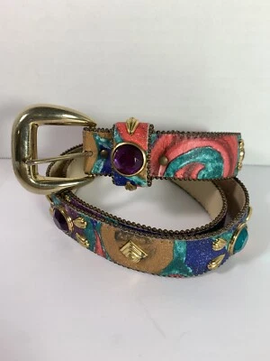 Vintage J Crew Multi Color Leather Belt Gem Stones Gold Buckle Accents - Image 1 of 4