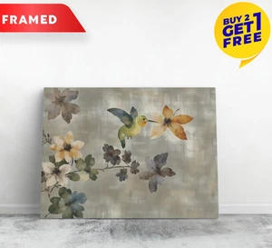 Hummingbird And Butterfly Canvas Wall Art 16x12 Framed Retro Animals - Picture 1 of 3