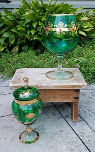 Antik Vintage Grün Kunst Glas Gold Glitzer Böhmisch Tschechisch Venezianisch Moser Deckel Dose - Bild 1 von 24
